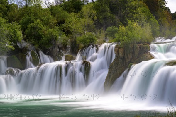 A large waterfall flowing powerfully through trees and rocks, Krka National Park, Krka Waterfalls, Croatia