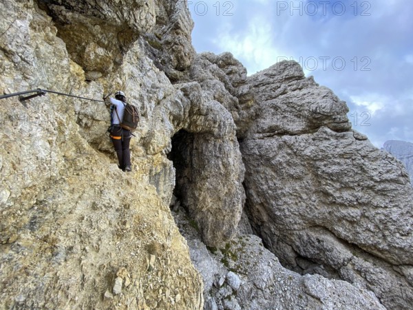 Adventurous hike up to mount Lagazuoi in the Dolomite Alps, autonomous pronvince of South Tirol in Italy