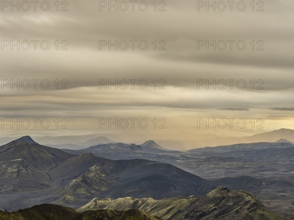View from Mount Sveinstindur, volcanic landscape, moss-covered hills, mountains, Icelandic highlands, Iceland