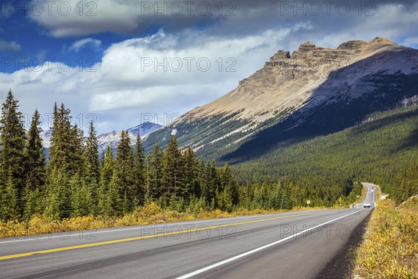 Highway in Banff National Park. Rocky Mountains. Mountains and colorful autumn forest illuminated by the sunset