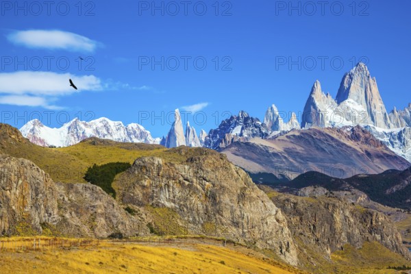 Amazing tops of Mountains Fitzroy are lit with the midday sun. Patagonia in February
