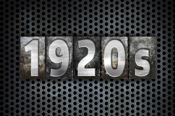 The word 1920s written in vintage metal letterpress type on a black industrial grid background