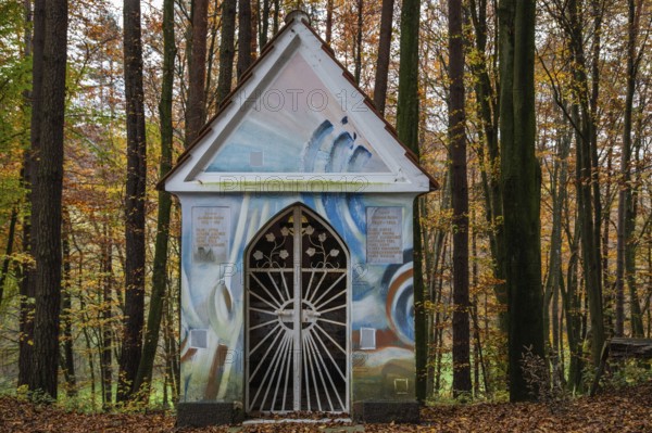 Memorial chapel in autumn forest, near St.Andrä im Sausal, Styria, Austria
