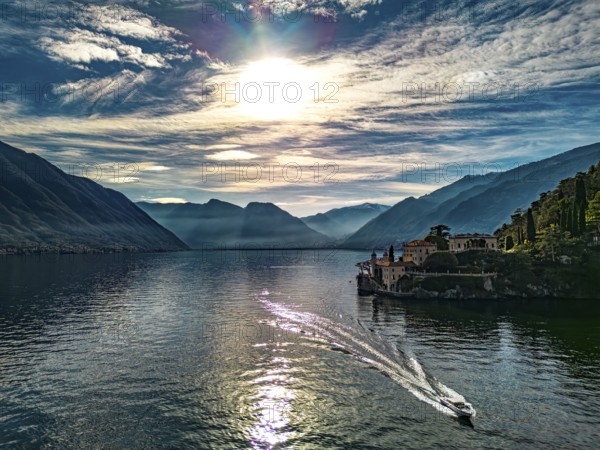 Aerial view of Villa Balbianello peninsula on Lake Como