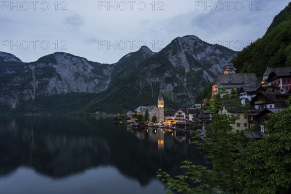 Panoramic view of the village of Hallstatt on Lake Hallstatt in Austria