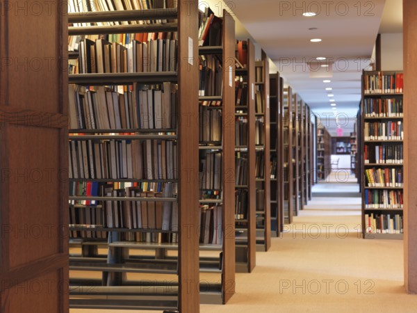 Rows of bookshelves in a library