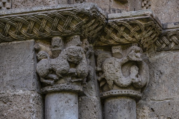 Ornamental entrance, Hermitage of Nuestra Señora del Valle, Romanesque ogival temple of Byzantine influence, XII century, Burgos, Spain