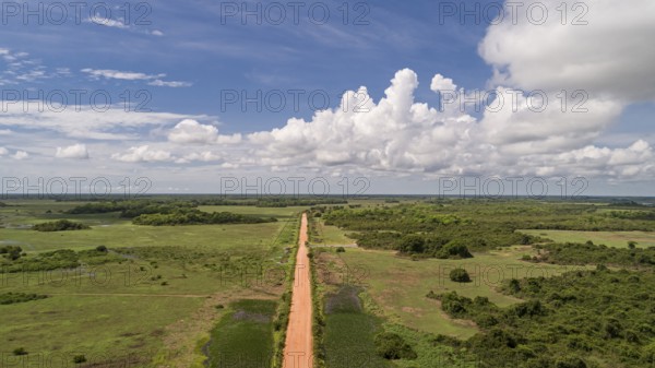 Aerial view of Transpantaneira dirt road crossing straight the North Pantanal Wetlands, blue horizon with white clouds, Mato Grosso, Brazil