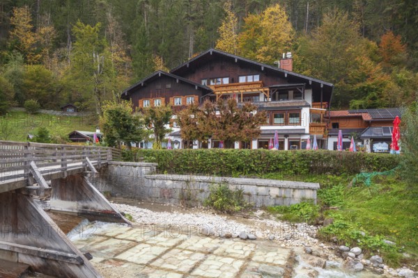 Gasthaus - Pension zur Kugelmühle near the Almbachklamm in autumn, Marktschellenberg, Berchtesgaden, Berchtesgadener Land, Upper Bavaria, Bavaria, Germany