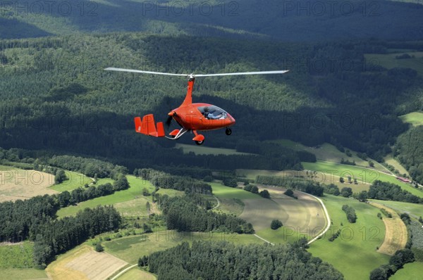 Gyrocopter in flight over woodland