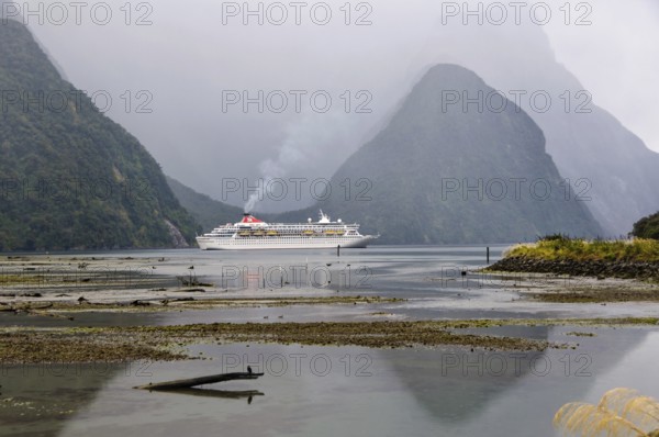 Cruise ship in the evening of an overcast day in the majestic Milford Sound on the South Island of New Zealand