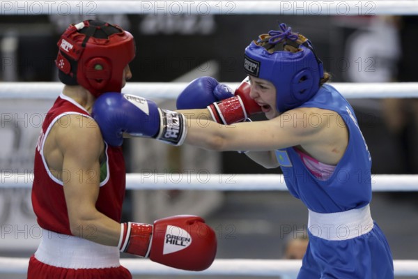 Sofia, Bulgaria. 27th February, 2021. Stoyka Krasteva (red) of Bulgaria and Angelina Lukas of Kazakhstan fight in their final round of Fly (W51kg) category of the 72-nd International Boxing Tournament Strandja 2021, Sofia, Bulgaria