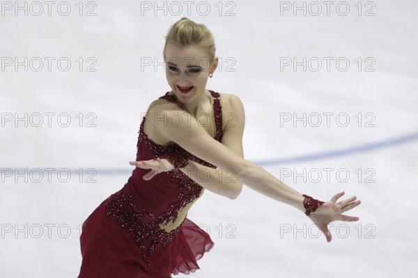 Sofia, Bulgaria - 28 February, 2021: Antonina Dubinina of Serbia performs during the senior ladies free skating category of Sofia Trophy International Figure Skating Competition, Sofia, Bulgaria