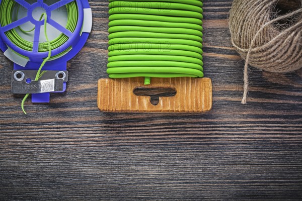 Soft wire tie skein of rope on wooden board agriculture concept