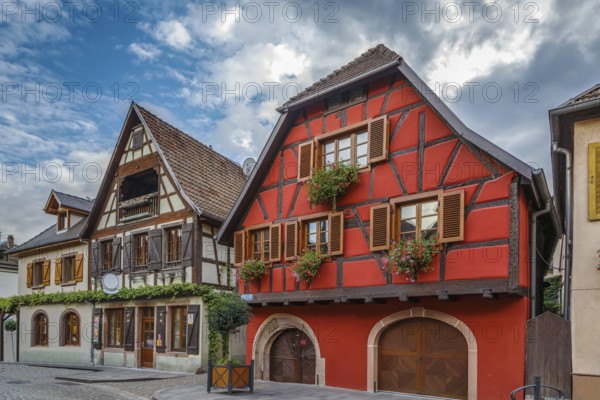 Street with historical houses in Ribeauville, Alsace, France