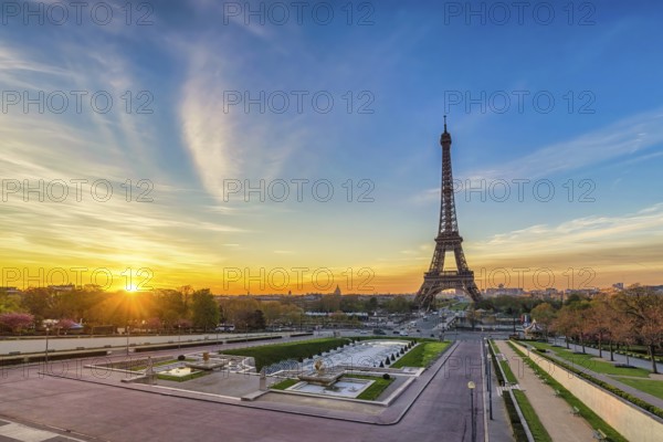 Paris France sunrise city skyline at Eiffel Tower and Trocadero Gardens