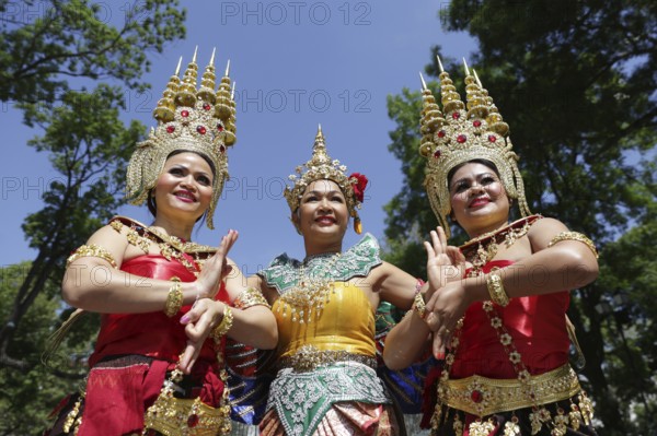 Sofia, Bulgaria - May 19, 2016: Three female performers are showing traditional Thailand clothes and jewelries during a Day of Thai culture in Sofia