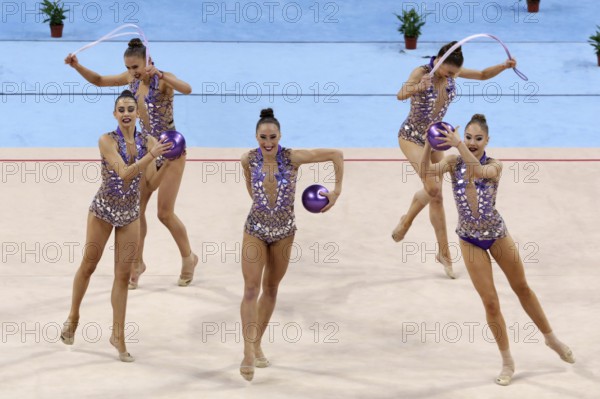 Sofia, Bulgaria - 1 April, 2018: Team Bulgaria performs with balls and ropes during Rhythmic Gymnastics World Cup Sofia 2018. Group tournament