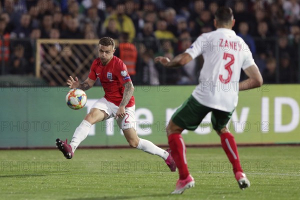 Sofia, Bulgaria - 14 October 2019: Kieran Trippier (L) is seen in action against Bulgarian football player during Bulgaria vs England match part of 2020 European Qualifier