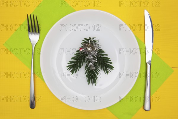 White plate and green Christmas decoration on the yellow wooden table.Top view.Flat Lay Image