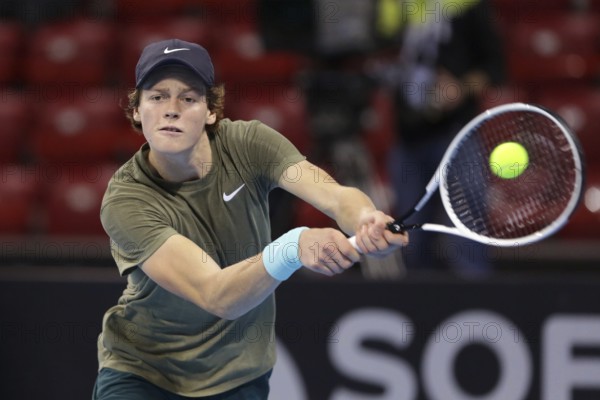 Sofia, Bulgaria - 10 November, 2020: Italy's Jannik Sinner in action against Hungary's Marton Fucsovics during the ATP 250 Sofia Open qualifications, Sofia, Bulgaria