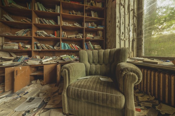 A green armchair in front of a messy bookshelf in an abandoned room, Lost Place, urologist's villa Dr Anna L., Bad Wildungen, Hesse, Germany