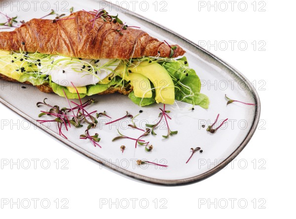 food still-life, Croissant benedict salmon with poched egg, served with fresh salad