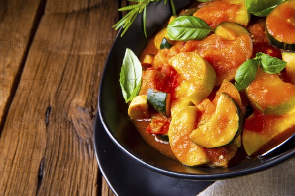 Vegetarische ratatouille mit frischem gemüse und kräutern