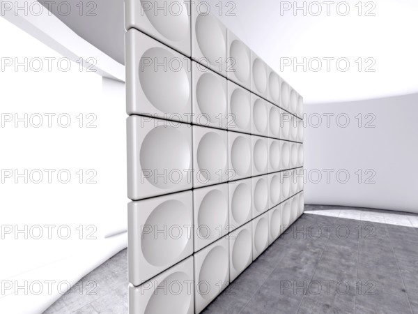 Abstract indoor futuristic indoor with acoustic wall with circles