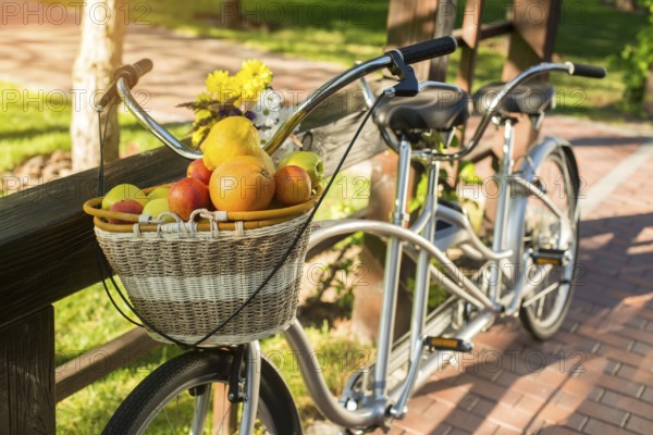 Basket of fruits on bicycle. Bike and bouquet on fence. Organize a picnic for two. Warm days of august