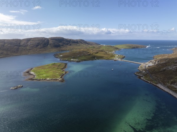 Causeway, causeway to Vatersay, drone shot, Caolas, Isle of Barra, Hebrides, Scotland, Great Britain