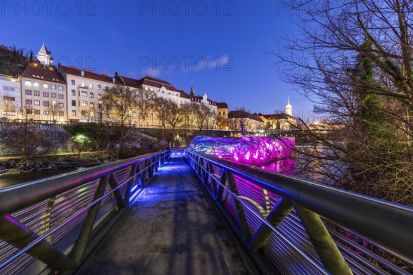 Illuminated stairway to the Murinsel, Graz, Styria, Austria
