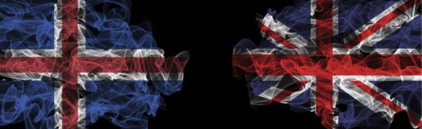 Flags of Iceland and United Kingdom on Black background, Iceland vs United Kingdom Smoke Flags