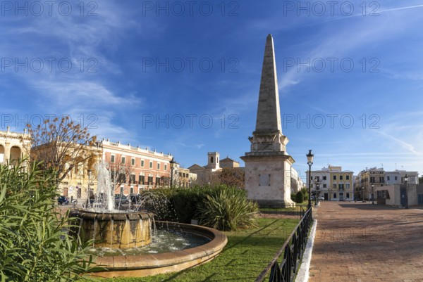 Ciutadella, Spain, 26 January, 2024: view of the Ciutadella Obelisk and the Plaza Born in the historic city center