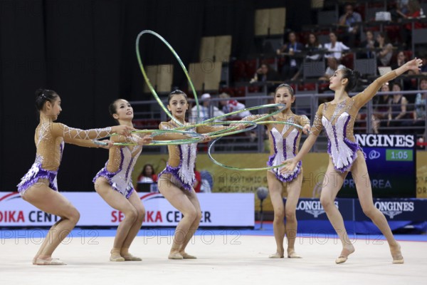 Sofia, Bulgaria - 15 September, 2018: Team Democratic People's Republic of Korea performs during The 2018 Rhythmic Gymnastics World Championships. Group tournament