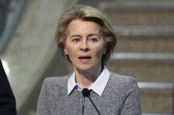 Sofia, Bulgaria - 3 March, 2020: EU Commission President Ursula von der Leyen gives a press conference at the Sofia Airport