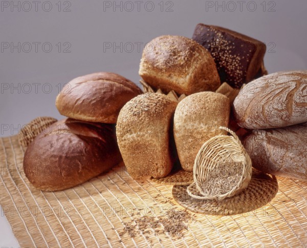 Still life with different kinds of bread and pastry on a studio background, Moscow, Russian Federation