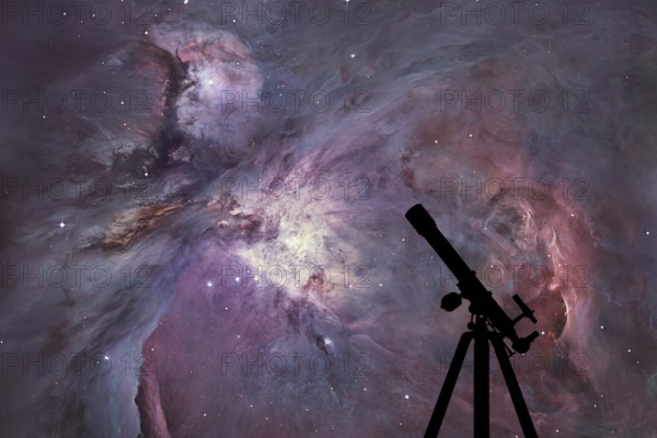 Space background with silhouette of telescope. The Orion Nebula Messier 42 diffuse nebula in constellation Orion. Elements of this image are furnished by NASA
