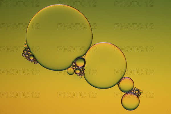 Abstract, image of oil, water and soap in a glass bowl with colourful background creating beautiful circle bubbles