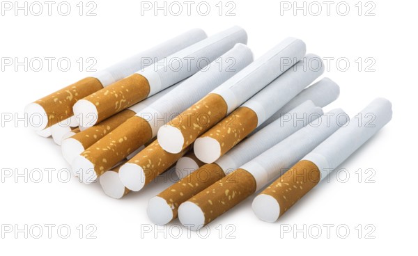 Pile of filtered cigarettes isolated on a white background