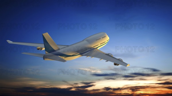 3D illustration of an Airplane and the sunset sky