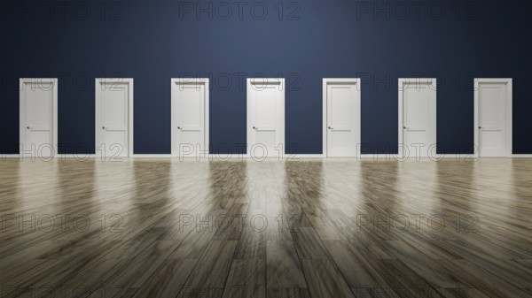 3d rendering of a room with seven doors to choose