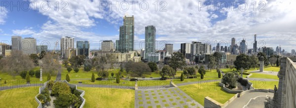 Aerial panoramic view of Melbourne skyline, Victoria, Australia