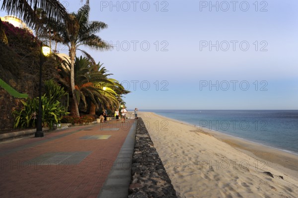 Promenade on the beach in the evening light, Morro Jable, Playa del Matorral, Jandia Peninsula, Fuerteventura, Canary Islands, Canary Islands, Atlantic Ocean, Spain