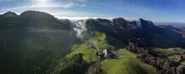 Fog river at the Chilchzimmersattel, right edge at the Geissflueh, drone image, Basel-Landschaft, Switzerland