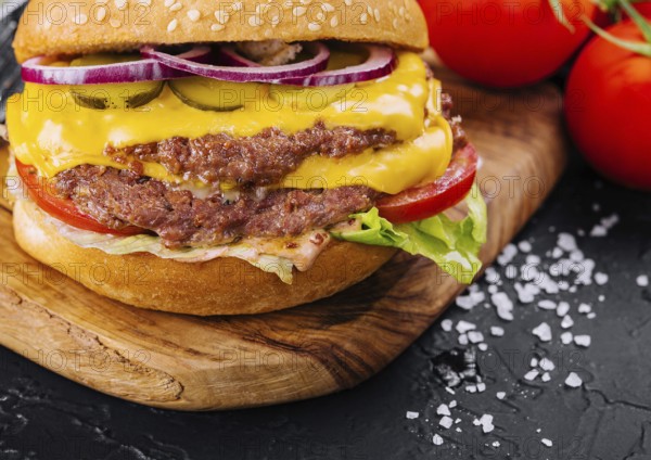 food still-life, Fresh tasty burger on wooden board