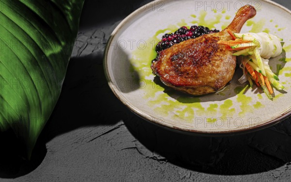 Food, A beautifully plated crispy duck leg rests on a bed of berry sauce, accompanied by julienned vegetables. The vibrant colors and textures create an appealing gourmet dish