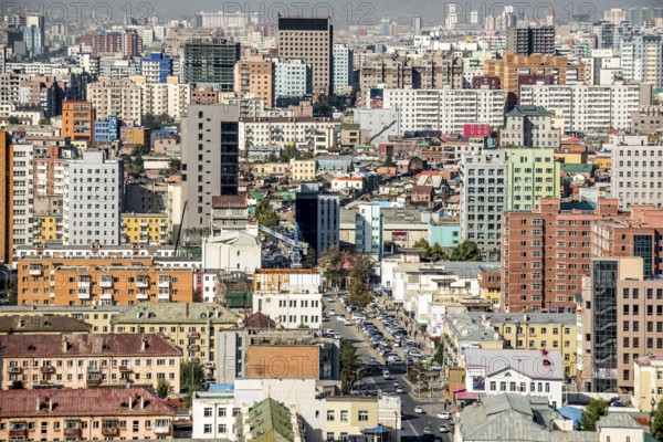 City centre of Ulaanbaatar, the capital of Mongolia from the air, with houses and skyscrapers in a condensed telephoto, Ulaanbaatar, Mongolia