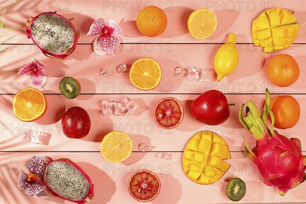 Drachenfrucht, Pitaya, Mango, Kiwi, Avocado, Äpfel, Zitrusfrüchte und Orangen auf einem sonnigen Tisch. Sommerbanner mit tropischen exotischen Früchten. Gesunde vegane Lebensmittel für die Gewichtsabnahme, Werbung Postkarte
