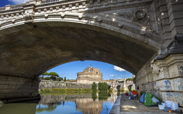 Rome Italy on October 6th, 2019 Tents of homeless people under the Ponte Vittorio Emanuele II bridge